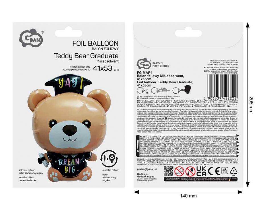 Balon foliowy Miś Absolwent – 41 x 53 cm | dekoracja na zakończenie szkoły 🎓