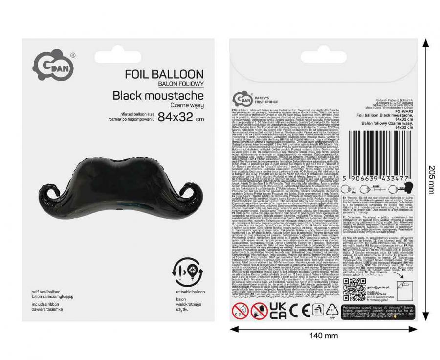 Balon foliowy Czarne wąsy, 84x32cm