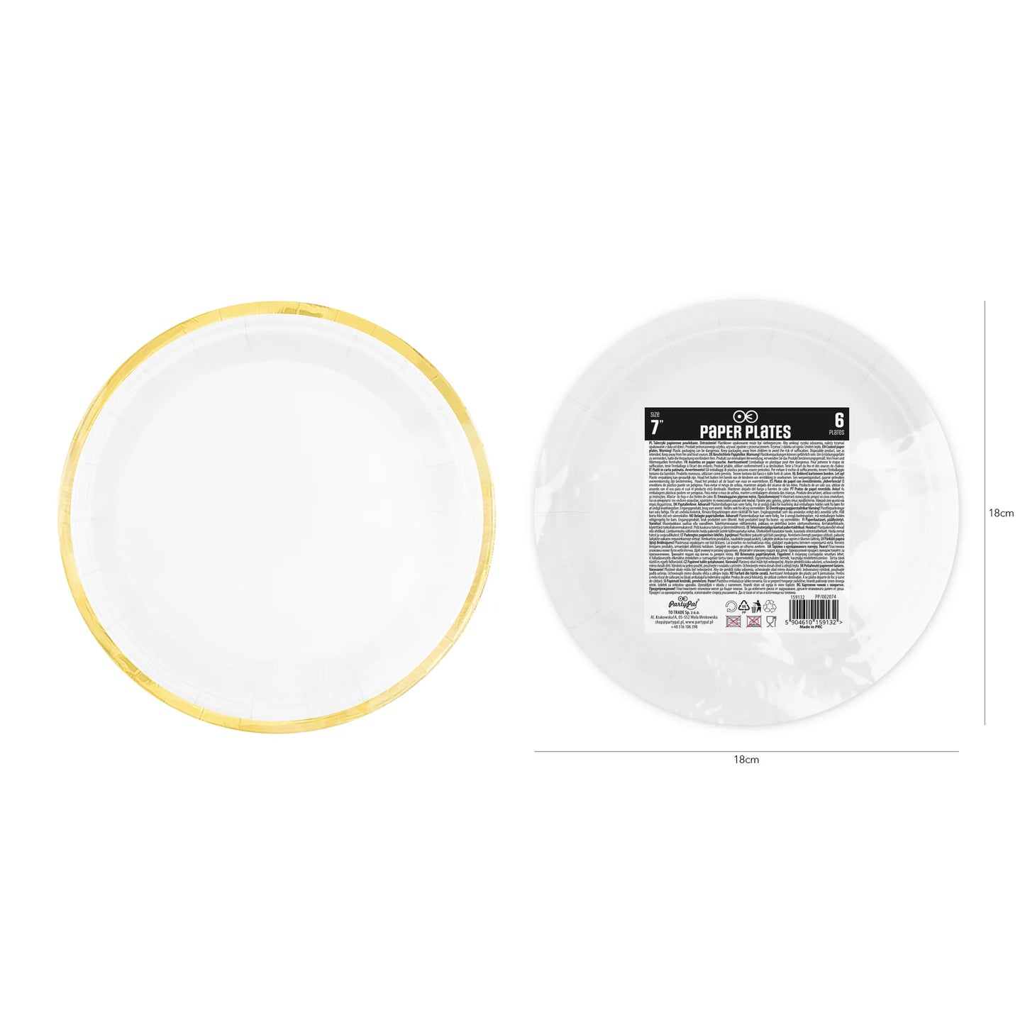 Talerzyki papierowe biało-złote Classic Gold 18 cm (7”) – 6 szt.