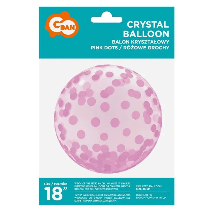 Balon Aqua - kryształowy, różowe grochy, 18 cali