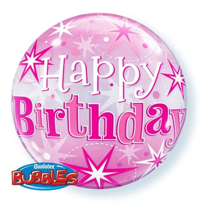 Balon foliowy 22" QL Bubble, Happy Birthday gwiazdki różowy