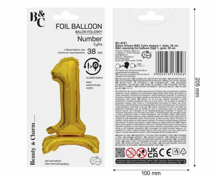 Balon foliowy Beauty&Charm cyfra „1” stojący – złoty 38 cm Balloons