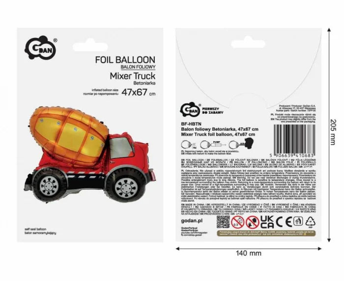 Balon foliowy Betoniarka 47 x 67 cm – idealny dla małych fanów ciężkiego sprzętu!