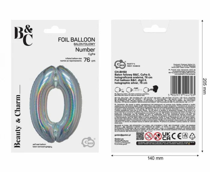 Balon Foliowy Cyfra ’0’’ – Srebrny Holograficzny | 76 cm