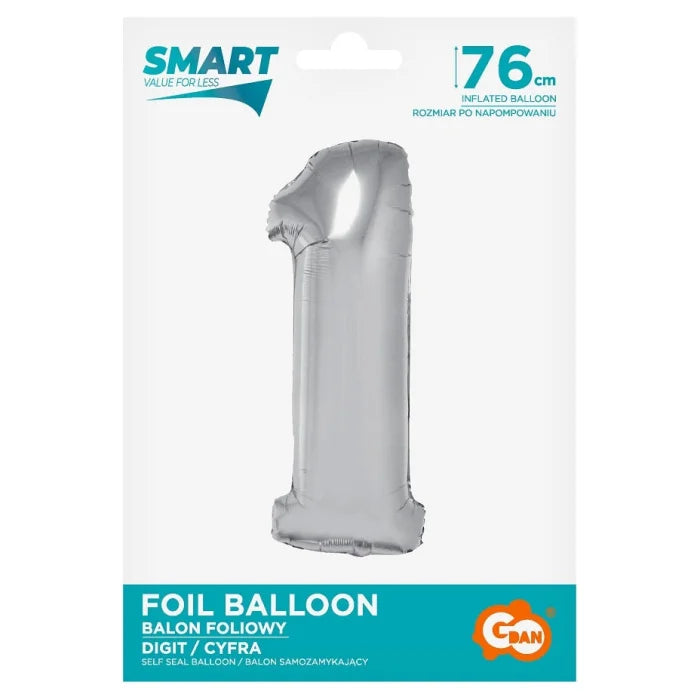 Balon foliowy Cyfra 1, Srebrna, SMART, 76 cm