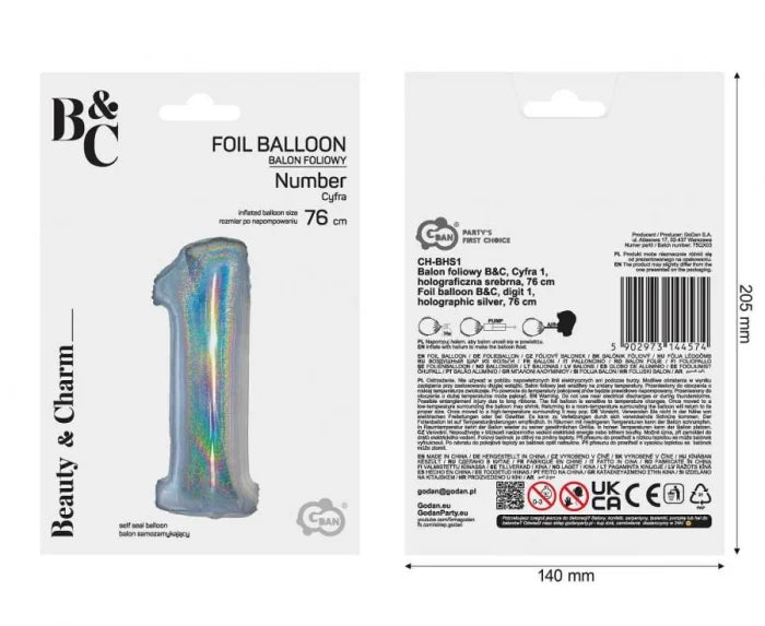 Balon Foliowy Cyfra „1” – Srebrny Holograficzny | 76 cm