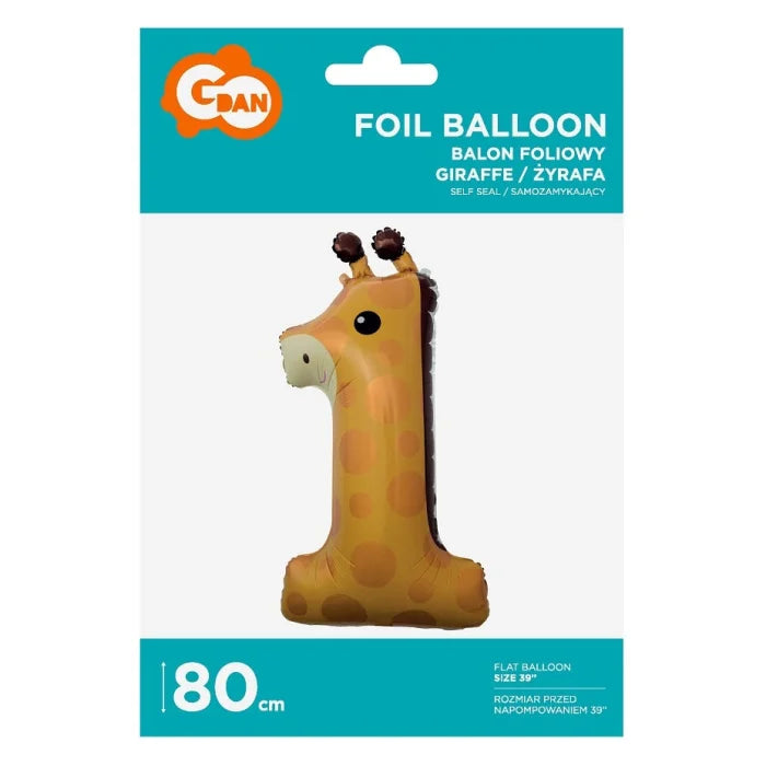Balon foliowy Cyfra 1, Żyrafa, 80 cm