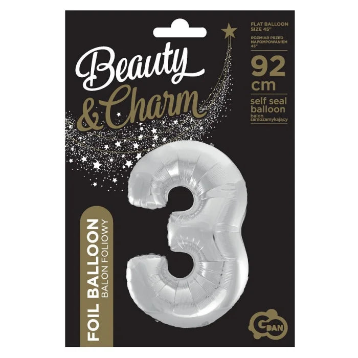 Balon foliowy Cyfra 3, srebrna, Beauty&Charm, 92 cm