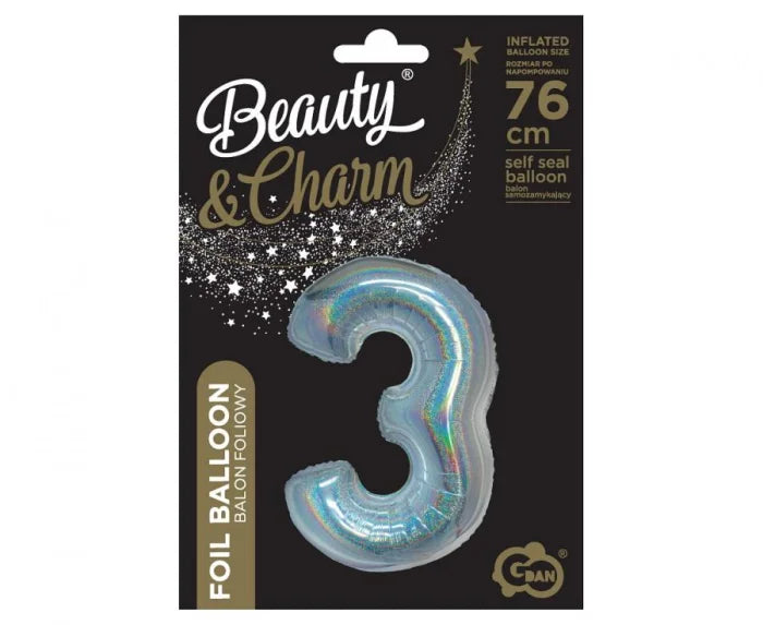 Balon Foliowy Cyfra ’3’’ – Srebrny Holograficzny | 76 cm