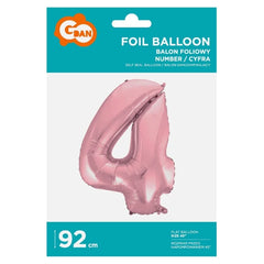 Balon foliowy Cyfra 4, jasnoróżowa, 92 cm