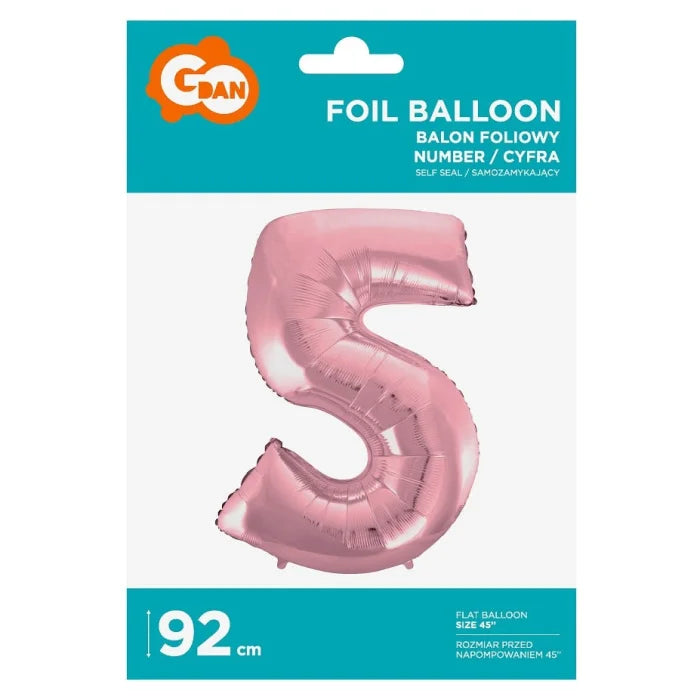 Balon foliowy Cyfra 5, jasnoróżowa, 92 cm