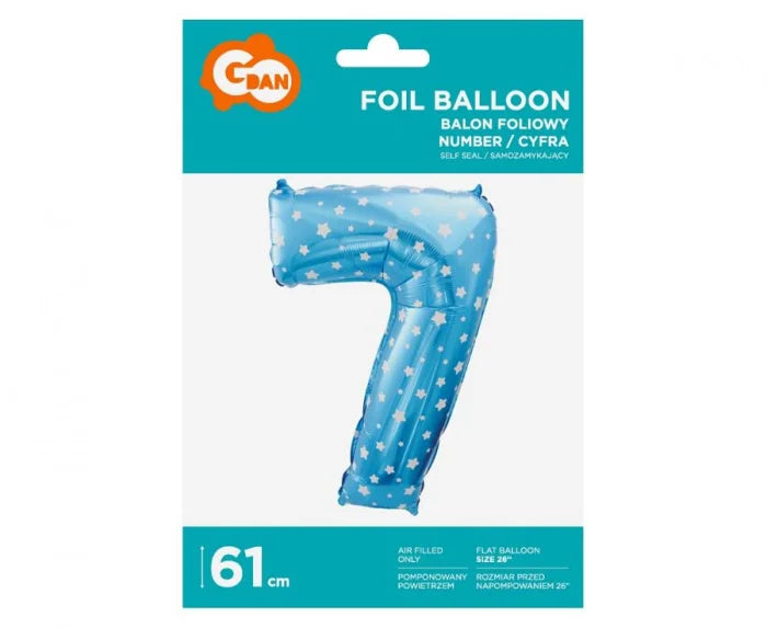 Balon foliowy cyfra 7 – niebieski w białe gwiazdy 61 cm