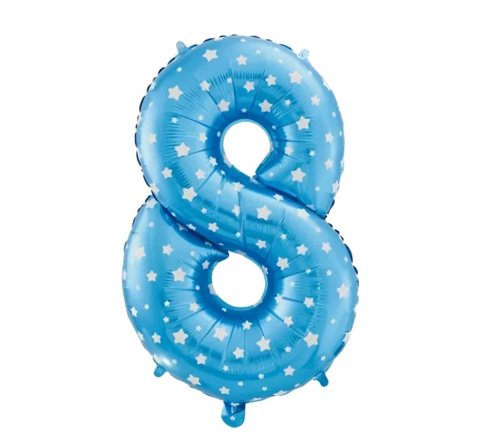Balon foliowy cyfra 8 – niebieski w białe gwiazdy 61 cm