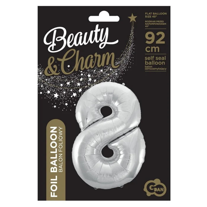 Balon foliowy Cyfra 8, srebrna, Beauty&Charm, 92 cm