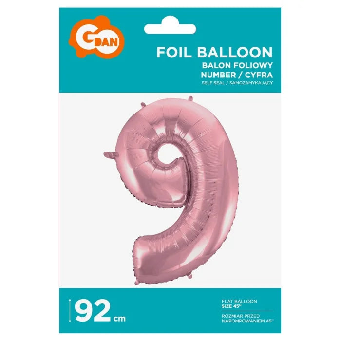Balon foliowy Cyfra 9, jasnoróżowa, 92 cm
