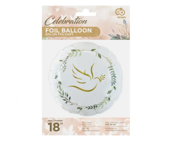 Balon foliowy Gołąbek z listkami 18” (46 cm) – Biało-Złoty