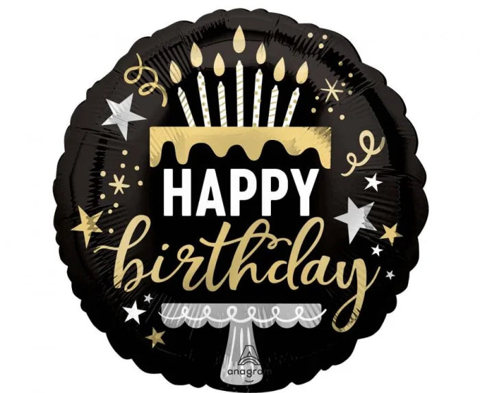 Balon foliowy Happy Birthday czarno-złoty 46 cm (18”) - Balloons