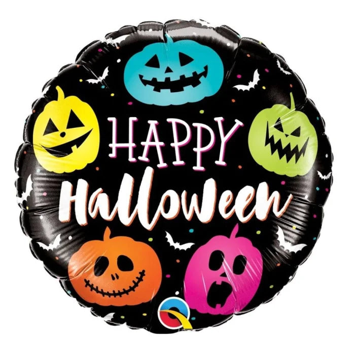 Balon foliowy „Happy Halloween” z kolorowymi dyniami – 45 cm (18”) Qualatex - Balloons