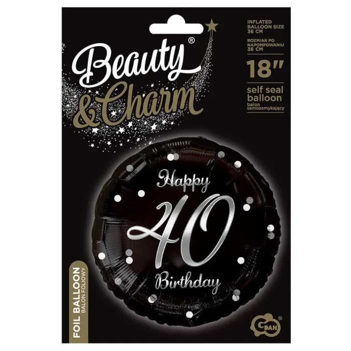 Balon foliowy Liczba 40, Happy 40 Birthday, czarny, nadruk srebrny, 45 cm