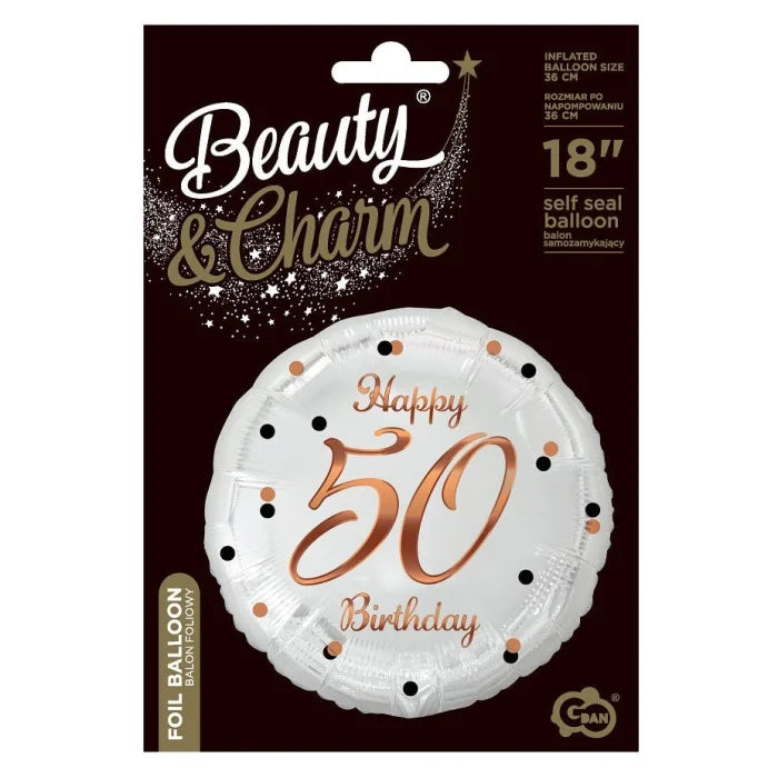 Balon foliowy Liczba 50, B&C Happy 50 Birthday, biały, nadruk różowo-złoty, 18"