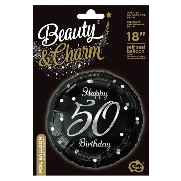 Balon foliowy Liczba 50 urodziny, B&C Happy 50 Birthday, czarny, nadruk srebrny, 18"