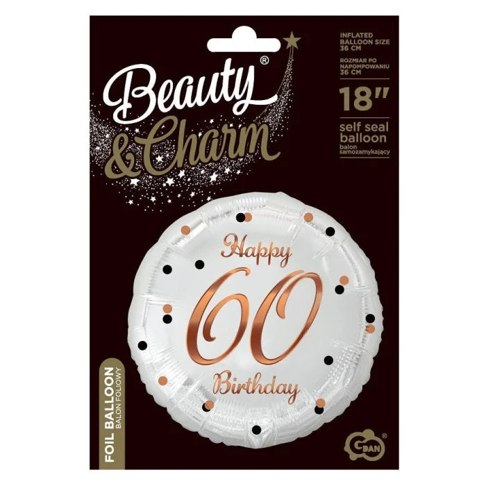 Balon foliowy Liczba 60, B&C Happy 60 Birthday, biały, nadruk różowo-złoty, 18"