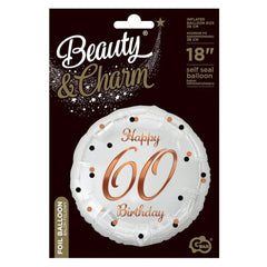 Balon foliowy Liczba 60, B&C Happy 60 Birthday, biały, nadruk różowo-złoty, 18"