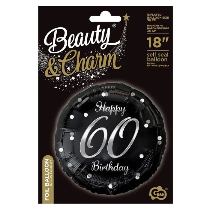 Balon foliowy Liczba 60 urodziny, B&C Happy 60 Birthday, czarny, nadruk srebrny, 18"