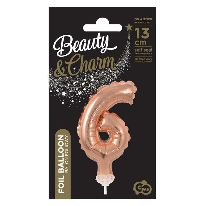 Balon foliowy na patyczku, CYFRA 6, różowo-złota