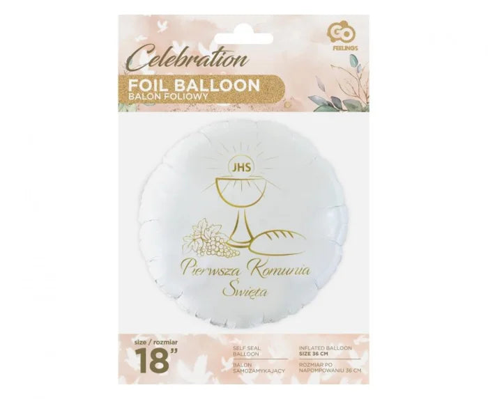 Balon Foliowy „Pierwsza Komunia Święta” 18” (46 cm) – Biało-Złoty
