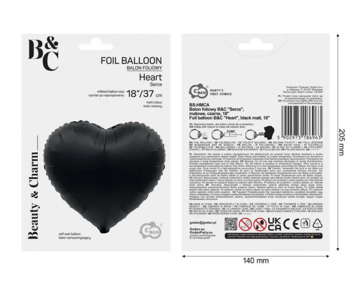 Balon foliowy serce czarne matowe – 18 cali (37 cm) - Balloons
