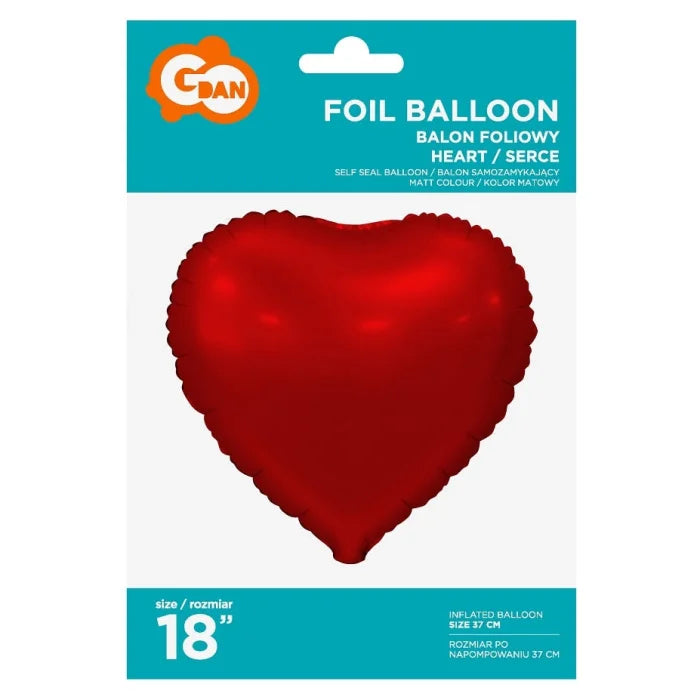 Balon foliowy Serce, matowe, czerwone, 18 cali