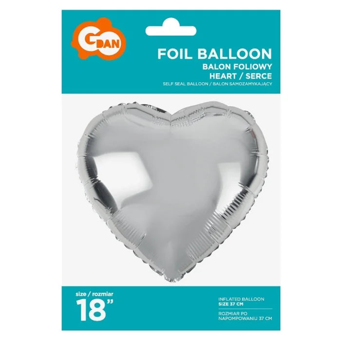 Balon foliowy SERCE, srebrne, 18 cali
