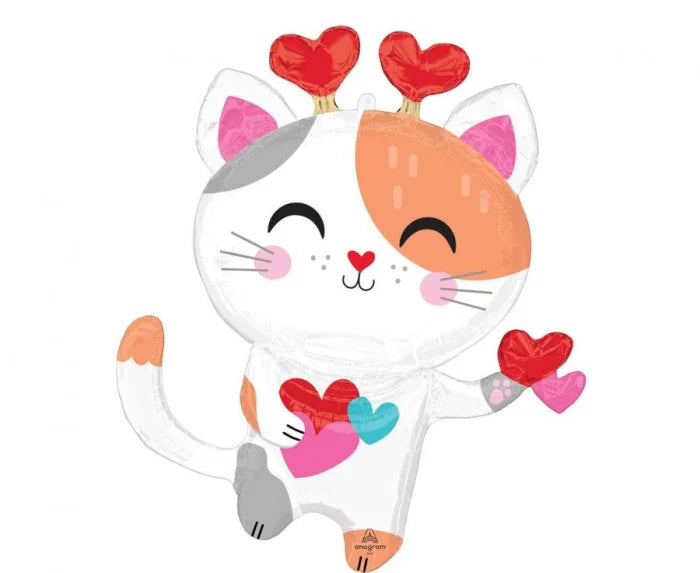 Balon Foliowy Słodki Kot z Serduszkami – 31” | Idealny na Walentynki!