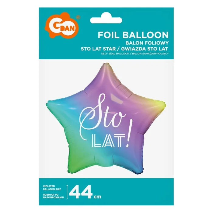 Balon foliowy Sto Lat, gwiazda gradient, nadruk biały, 19"