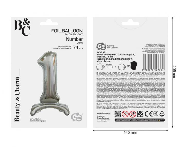 Balon foliowy stojący cyfra 1 srebrny – 74 cm Beauty&Charm