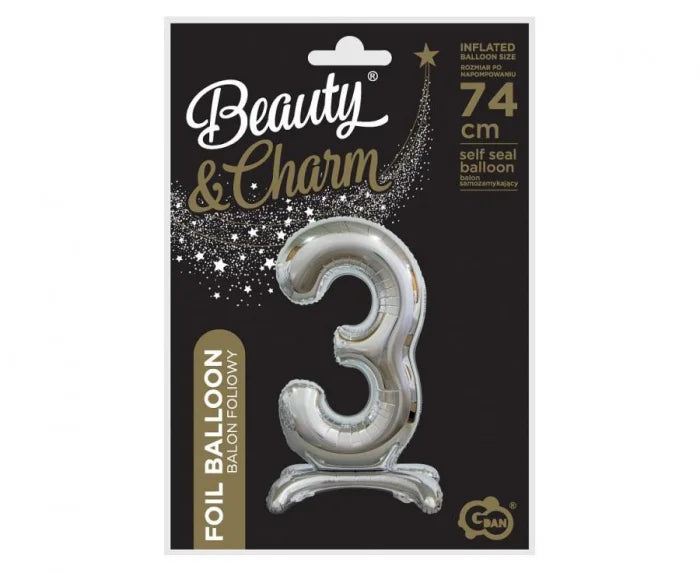 Balon foliowy stojący cyfra 3 srebrny – 74 cm Beauty&Charm