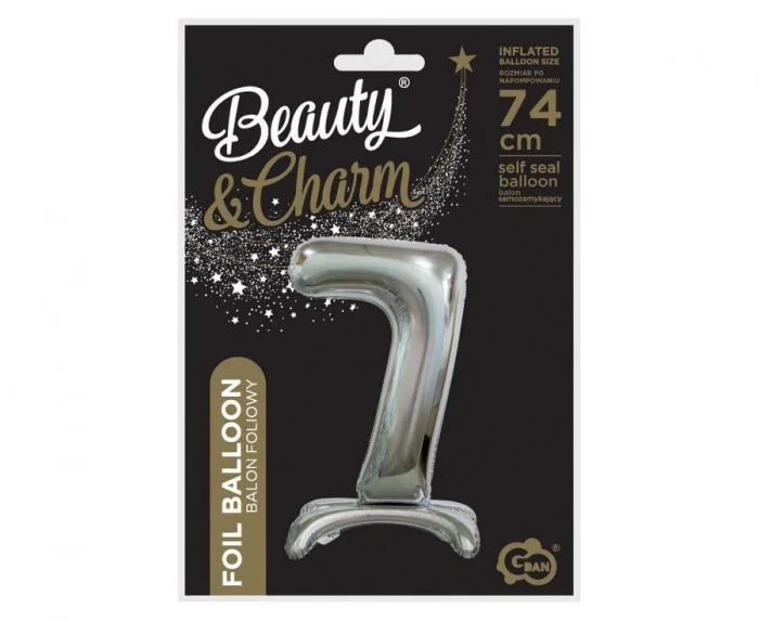 Balon foliowy stojący cyfra 7 srebrny – 74 cm Beauty&Charm