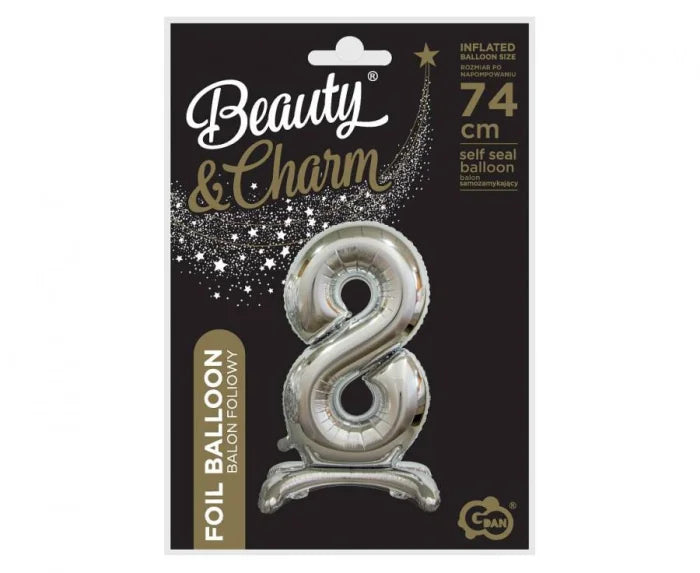 Balon foliowy stojący cyfra 8 srebrny – 74 cm Beauty&Charm