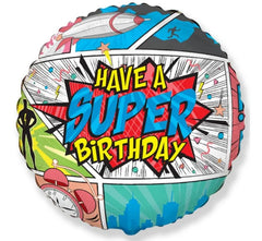Balon foliowy Super Birthday – Comic 18 cali (okrągły 48 cm) - Balloons