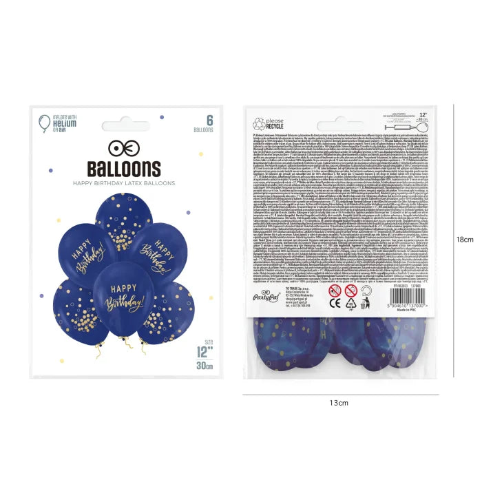 Balony Happy Birthday granatowo-złote – 12 cali 6 szt. (zestaw) - Balloons