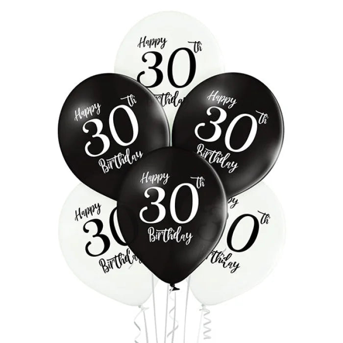 Balony Lateksowe 30 Urodziny – Czarno-Białe – 30 cm