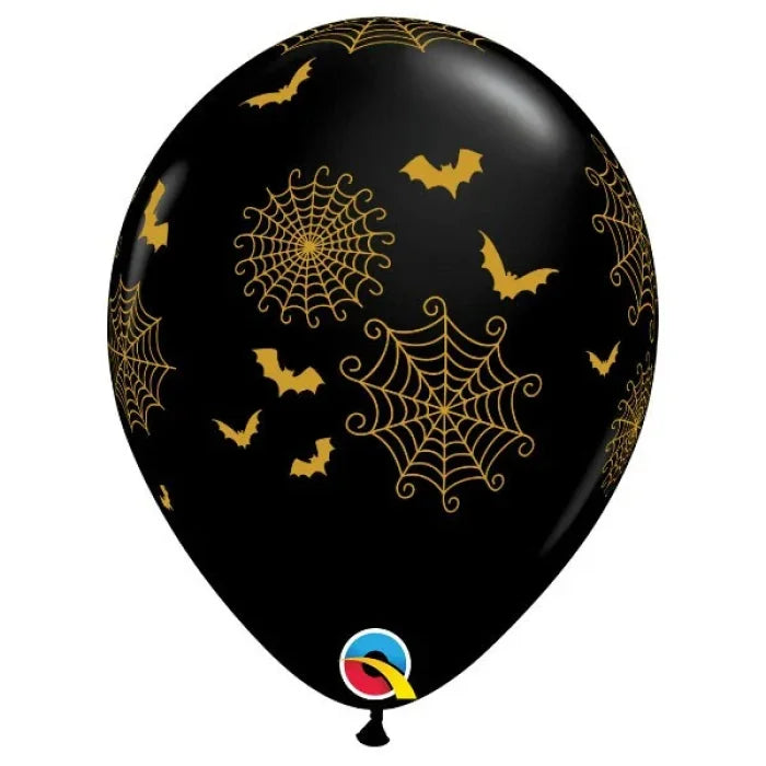 Balony lateksowe czarne ze złotym nadrukiem – nietoperze i pajęczyny 28 cm (11”) 25 szt Qualatex - Balloons