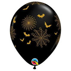 Balony lateksowe czarne ze złotym nadrukiem – nietoperze i pajęczyny 28 cm (11”) 25 szt Qualatex - Balloons