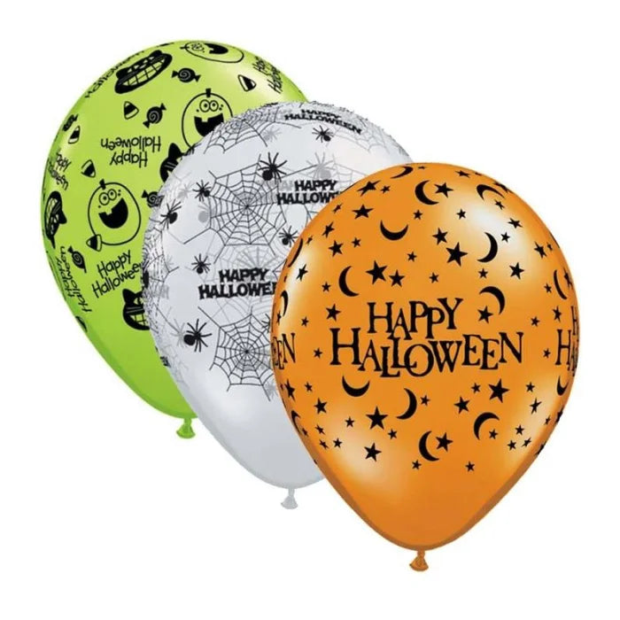 Balony lateksowe „Happy Halloween” – pomarańczowe zielone i transparentne 28 cm (11”) 25 szt - Balloons