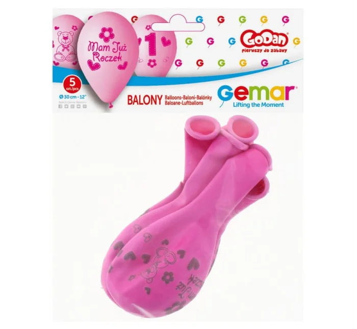 Balony ’Moje 1 Urodziny’ 12” (30 cm) 5 sztuk – Gemar