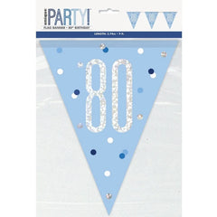 Banner Glitz 80 urodziny, z flagami, niebieski, 274 cm