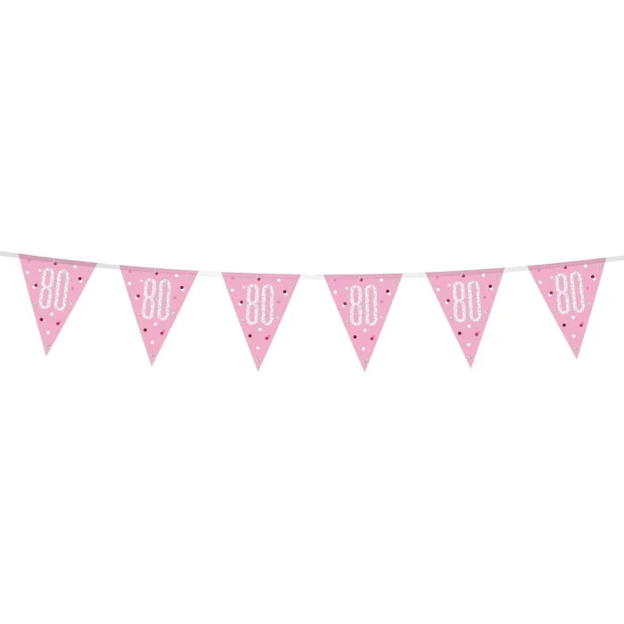 Banner Glitz 80 urodziny z flagami – różowy, 274 cm