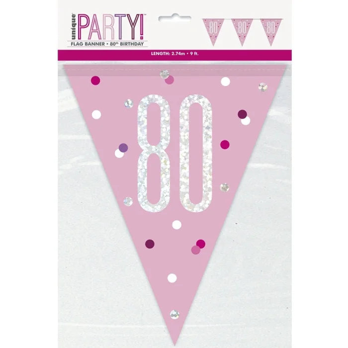 Banner Glitz 80 urodziny z flagami – różowy, 274 cm