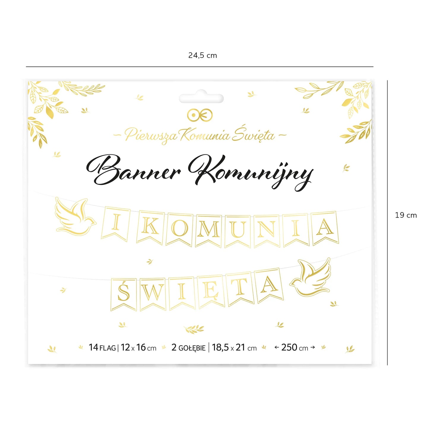 Baner komunijny I Komunia Święta biało-złoty 250 cm – 14 flag + gołąbki